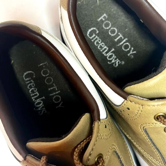 FootJoy Greenjoys Golf Shoes Mens Sz 8.5W White and Tan Lace Spikes Athletic - Picture 8 of 11